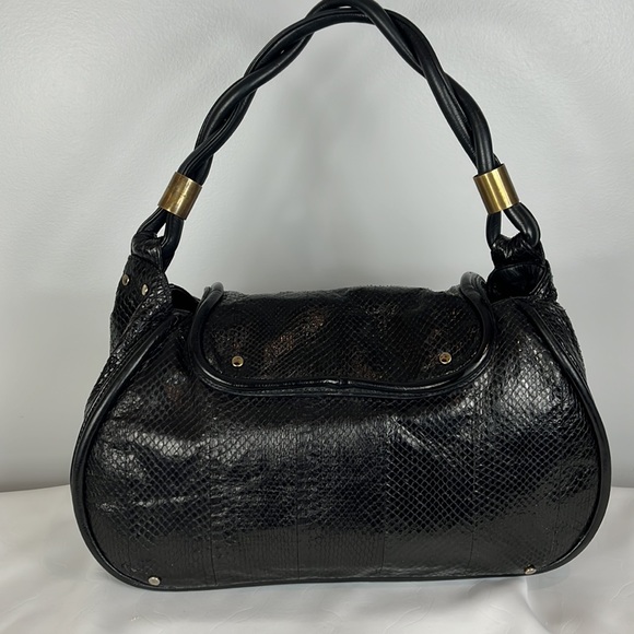 R&Y Augousti Large Black Python Snakeskin Shoulder Bag with Brass Hardware - Picture 6 of 17